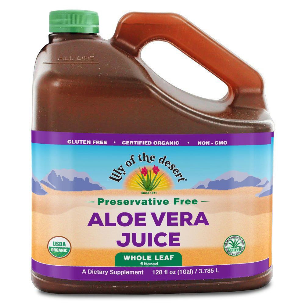 Lily of the Desert Aloe Vera juice bottle with 128oz preservative-free whole leaf.