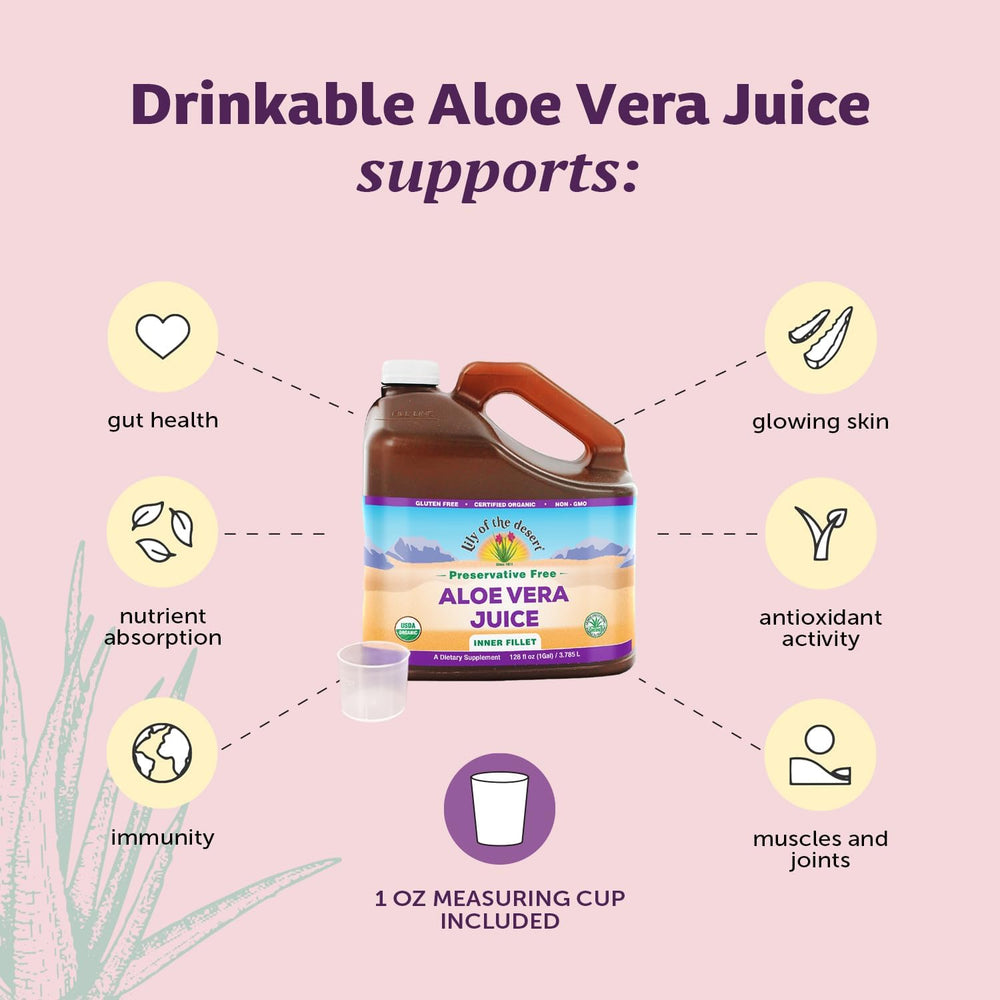 Closeup of Lily of the Desert Aloe Vera Juice label highlighting Aloesorb