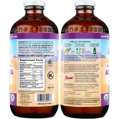 Lily of the Desert aloe juice label closeup highlights Aloesorb and organic farming, boosting perceived purity.