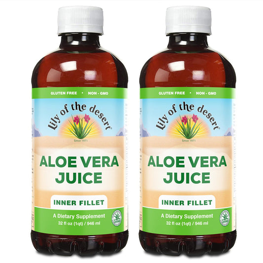 Lily of the Desert Organic Aloe Vera Juice bottle inner fillet for gut wellness.