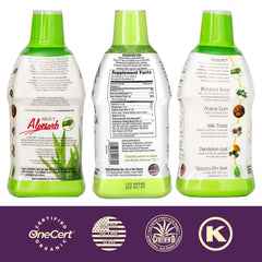 Pouring Lily of the Desert Detox Formula into a glass for easy daily use