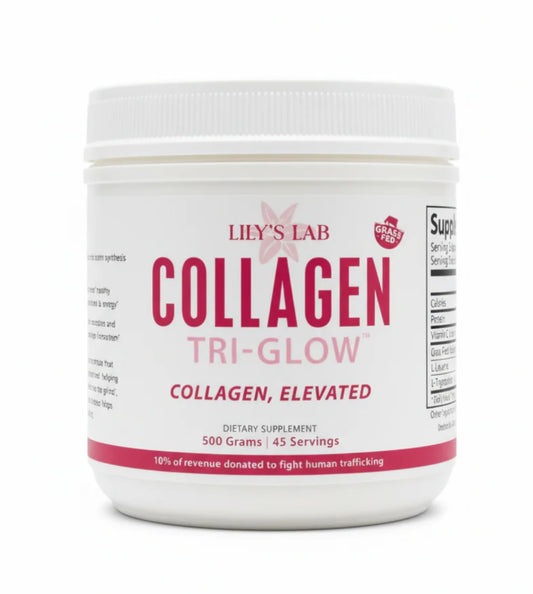 Lily's Lab Collagen Tri-Glow tub front view, grass-fed formula for beauty and vitality.