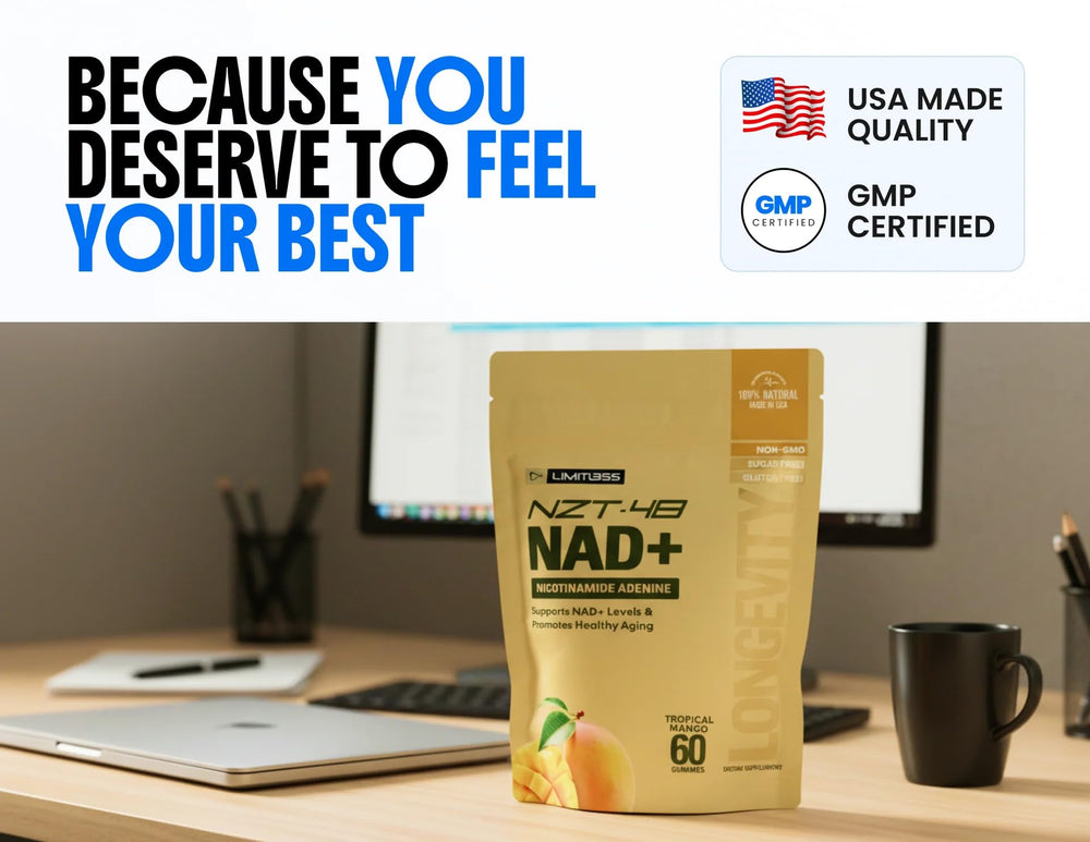 LIMITLESS X NZT-48 NAD+ gummies packaging on shelf demonstrates brand presence.