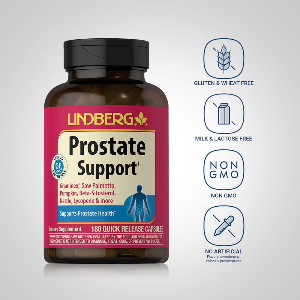 Lindberg Prostate Supplement label view, highlighting gluten-free and non-GMO attributes.