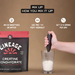 Lineage Provisions creatine bottle with glass shows ready-to-make beverage.