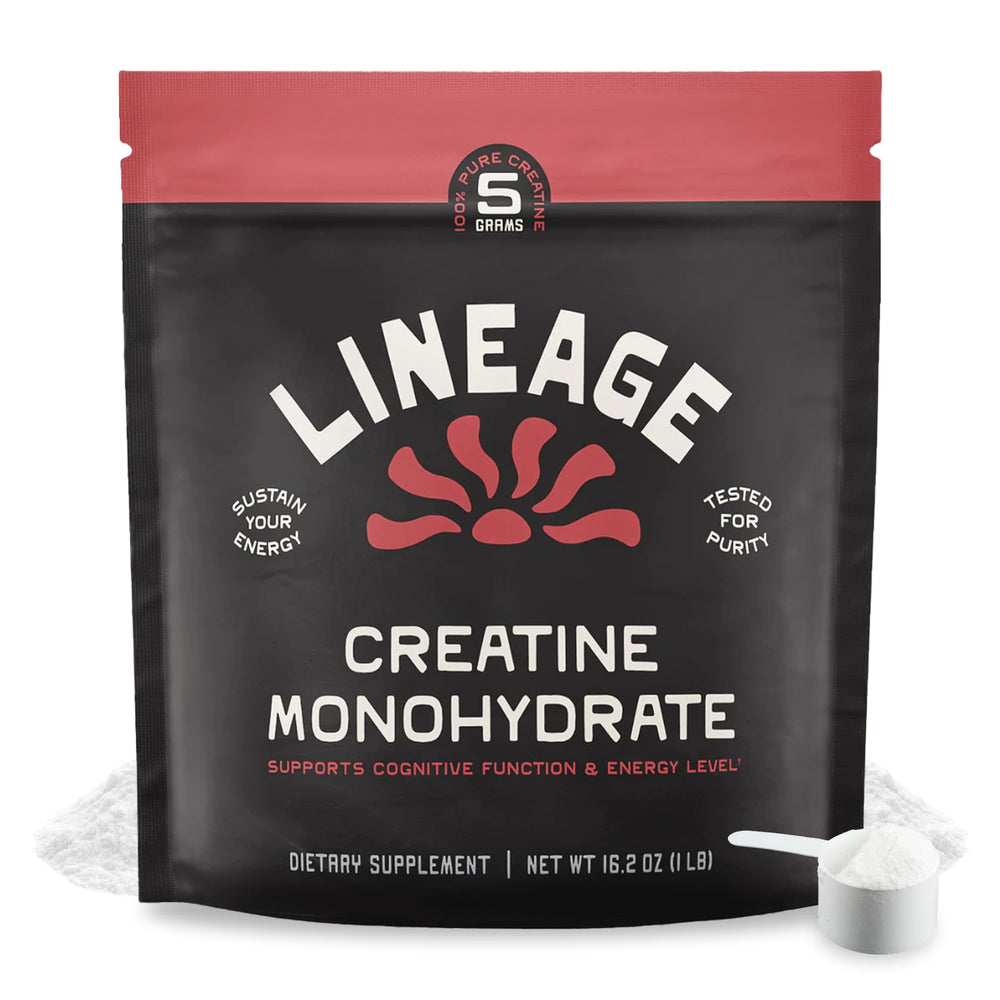Lineage Provisions micronized creatine bottle shown, ideal for daily training supplementation.