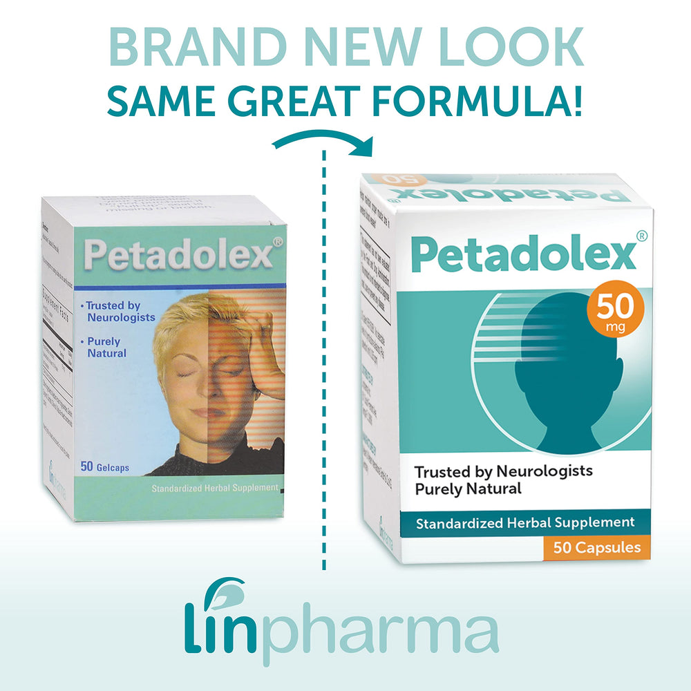 Linpharma Petadolex 50mg bottle back with dosing information for safe use.