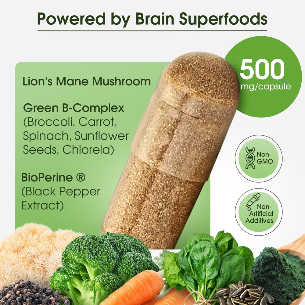 Lion's Mane dual extract capsules on label highlighting memory support