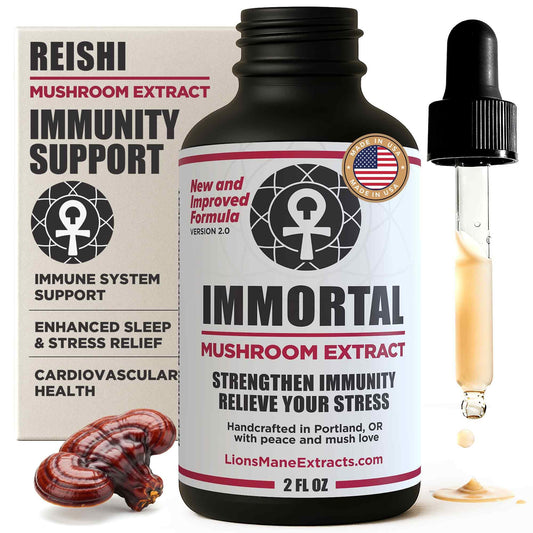 LionsManeExtracts Immortal Reishi bottle pour showing easy dropper usage for daily wellness