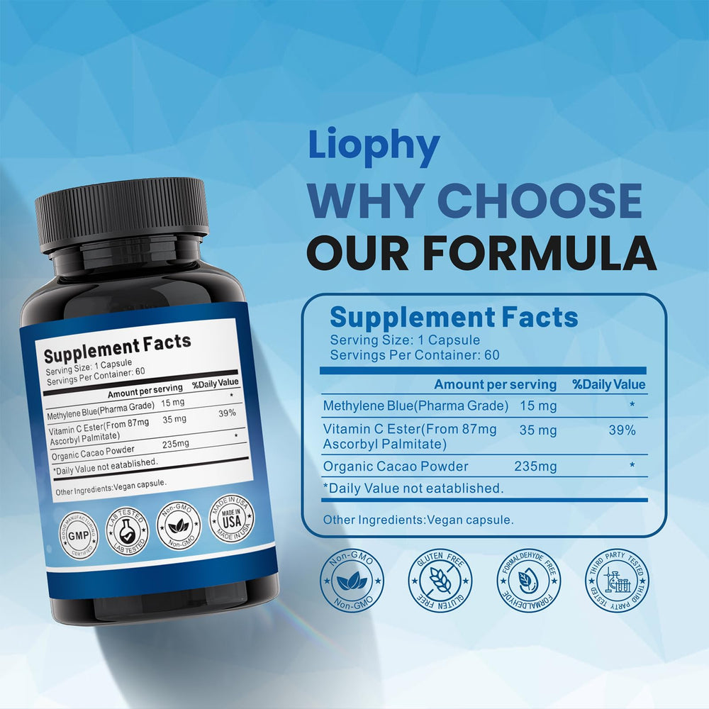 Liophy label detail highlighting 99% methylene blue purity