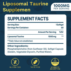 Lipmaxmall liposomal taurine 1000mg softgels front label highlighting dosage and benefits