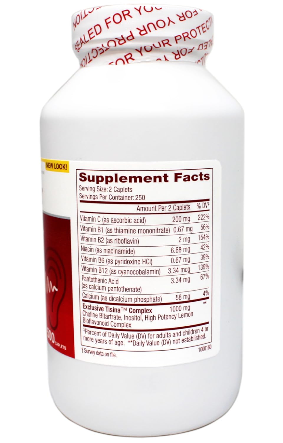 Close-up of Lipo Flavanoid Unique Ear Health label highlighting Tisina Complex blend.