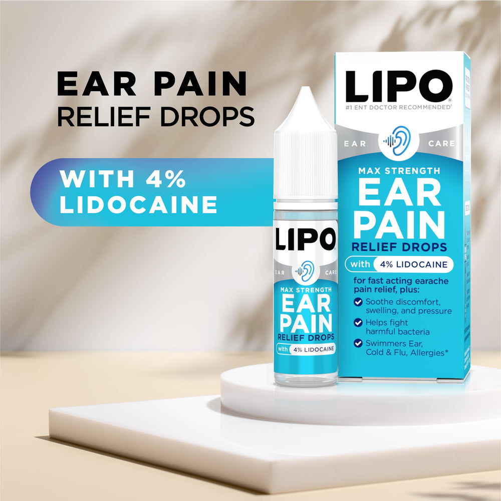 Lipo-Flavonoid ear-care bottles shown for drying water-clogged ears.