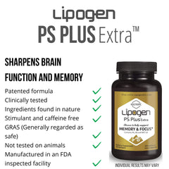 Lipogen PS Plus Extra product information card highlighting benefits.