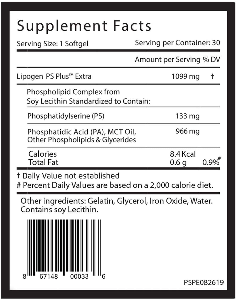 Lipogen PS Plus Extra softgels closeup highlighting memory support potential.