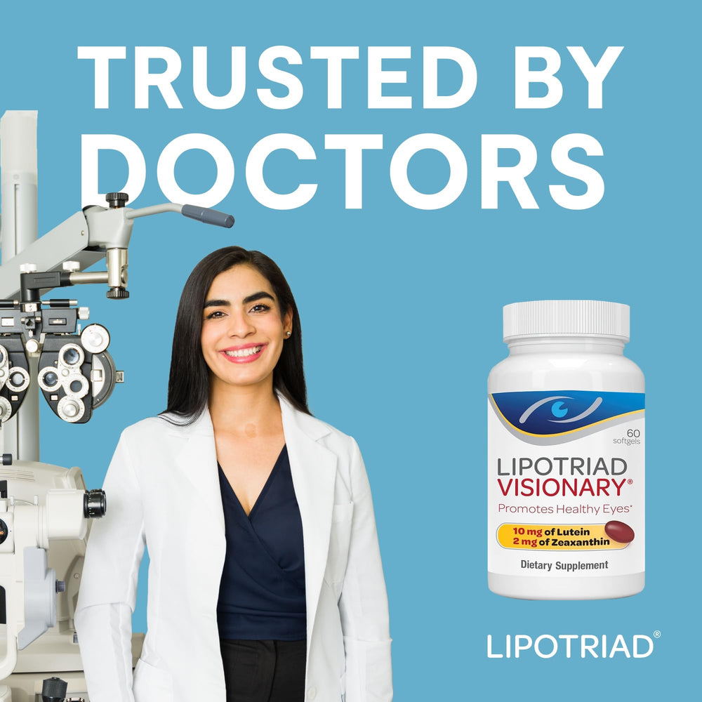 Lipotriad Visionary Eye Vitamins ingredient panel shows lutein, zeaxanthin, vitamin C, and zinc.