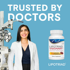 Lipotriad Visionary Eye Vitamins ingredient panel shows lutein, zeaxanthin, vitamin C, and zinc.