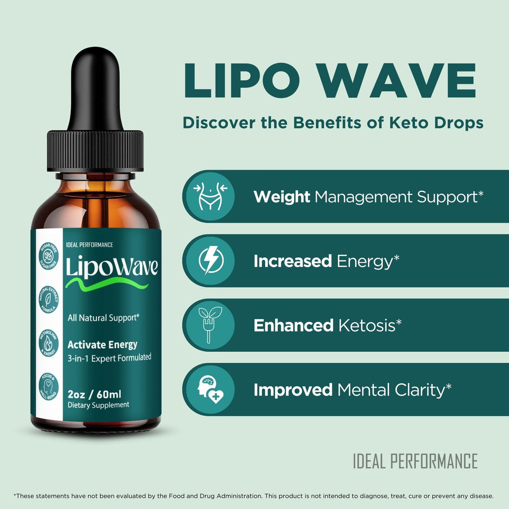 Lipowave Drops on a kitchen counter with supplements rack for daily routine.