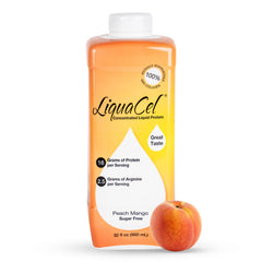 LiquaCel peach mango bottle showing 16g protein per ounce.
