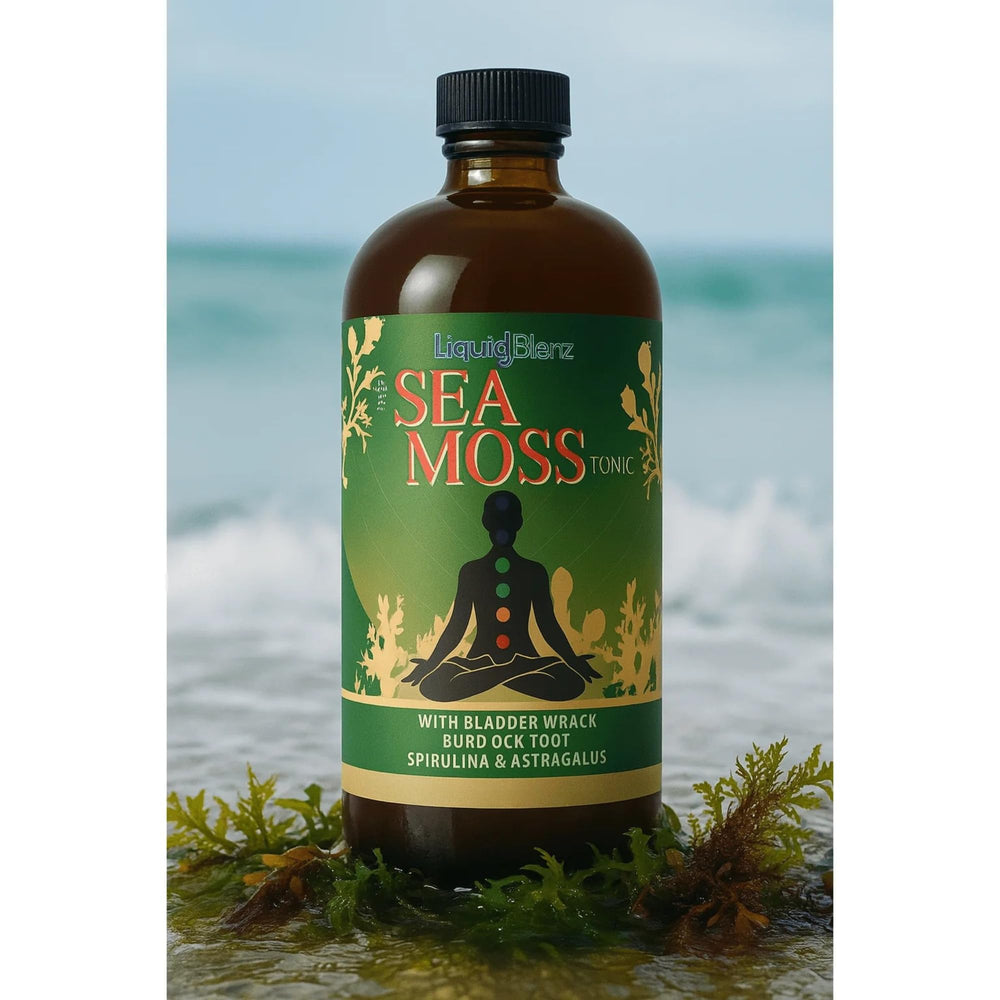 LIQUID BLENZ Sea Moss Tonic ingredients illustration highlighting plant-based nutrients