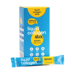 Liquid Collagen Stix lemon bottle shows convenient, ready-to-drink shots for daily use.