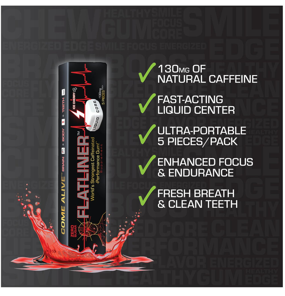 Liquid Core Flatliner Ice Cherry center-filled closeup highlights controlled caffeine delivery.