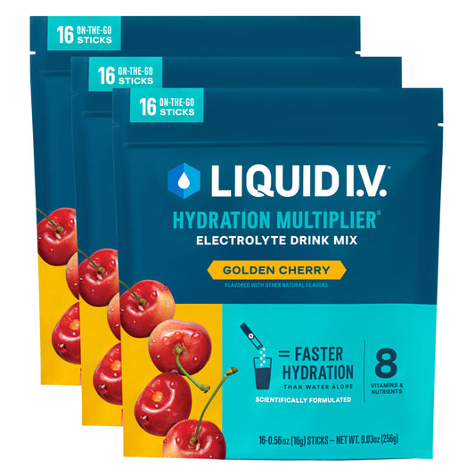 Liquid I.V. Golden Cherry packet ready to mix for quick on-the-go hydration.