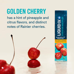 Liquid I.V. Golden Cherry powder dissolves in water for fast hydration after workouts.