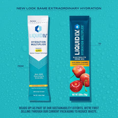 Liquid I.V. Golden Cherry in a glass with ice delivers refreshing hydration.