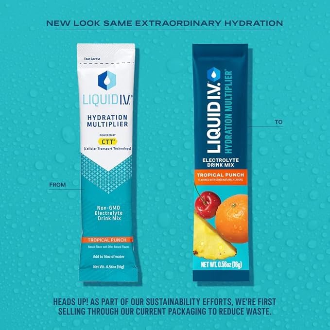 Liquid I.V. Hydration Multiplier Tropical Punch in a glass ready to drink