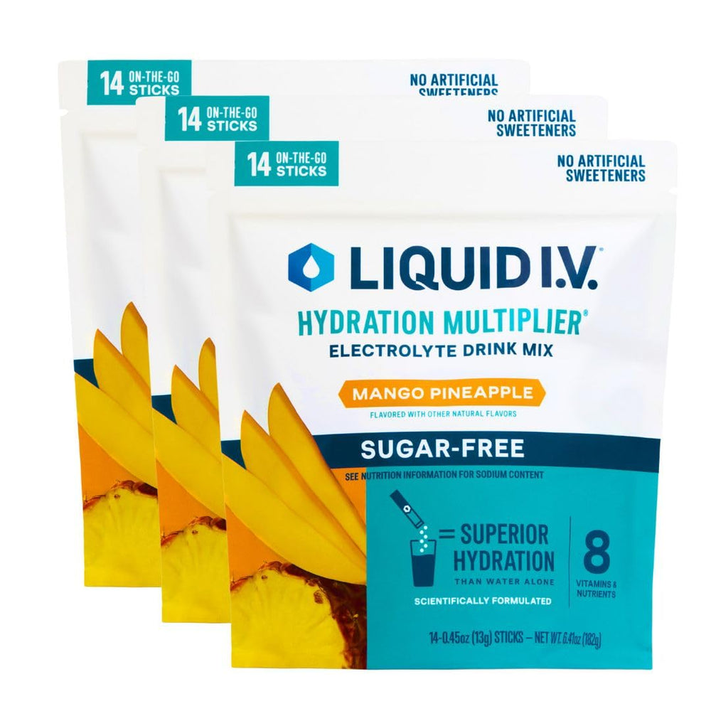 Liquid I.V. Hydration Multiplier Sugar-Free Mango Pineapple packet dissolving for fast hydration