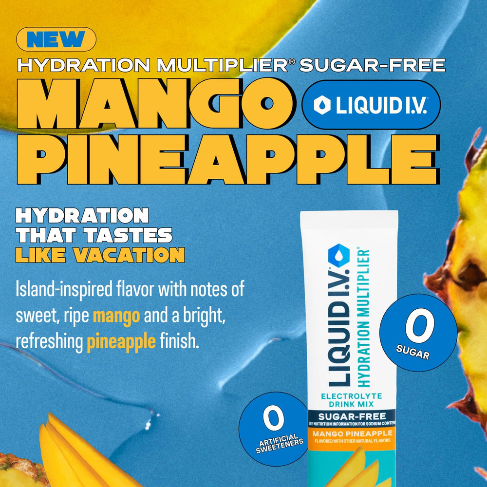 Liquid I.V. Hydration Multiplier Sugar-Free Mango Pineapple mix poured into water