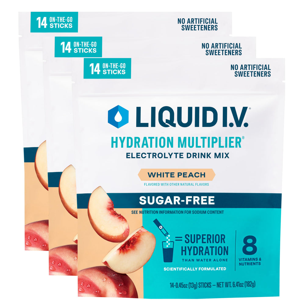 Liquid I.V. Hydration Multiplier Sugar-Free White Peach packet for on-the-go hydration