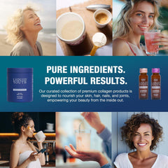 LIQUID YOUTH collagen powder ingredients graphic highlighting clean, non-GMO formula.