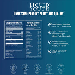LIQUID YOUTH collagen powder label closeup emphasizing grass-fed origin.