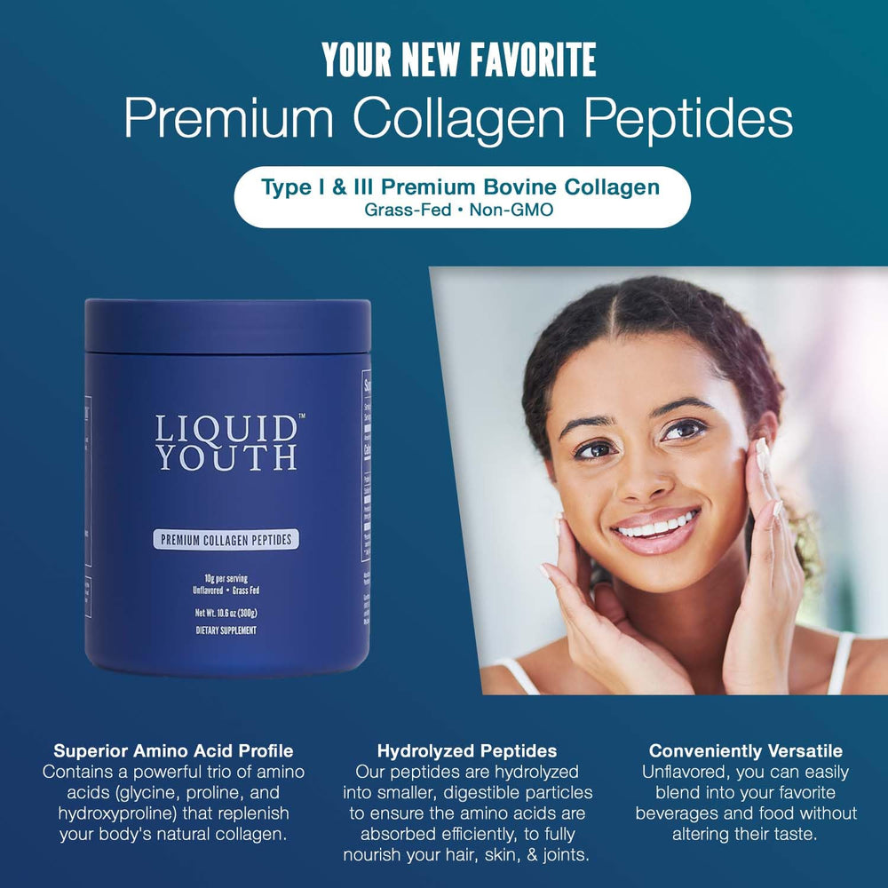 LIQUID YOUTH collagen powder pouring shot showing neutral unflavored powder.