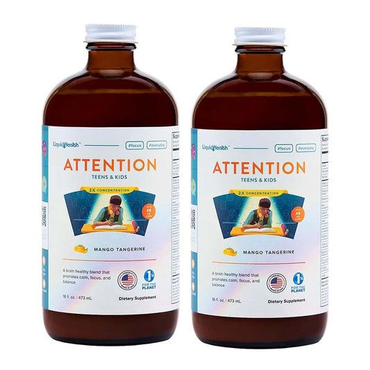 LIQUIDHEALTH Attention bottle label showcasing kid-friendly multivitamin for focus.