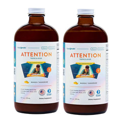 LIQUIDHEALTH Attention bottle label showcasing kid-friendly multivitamin for focus.