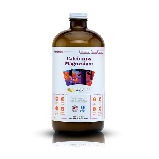 LIQUIDHEALTH Calcium & Magnesium bottle showing easy daily dosing for bone support.