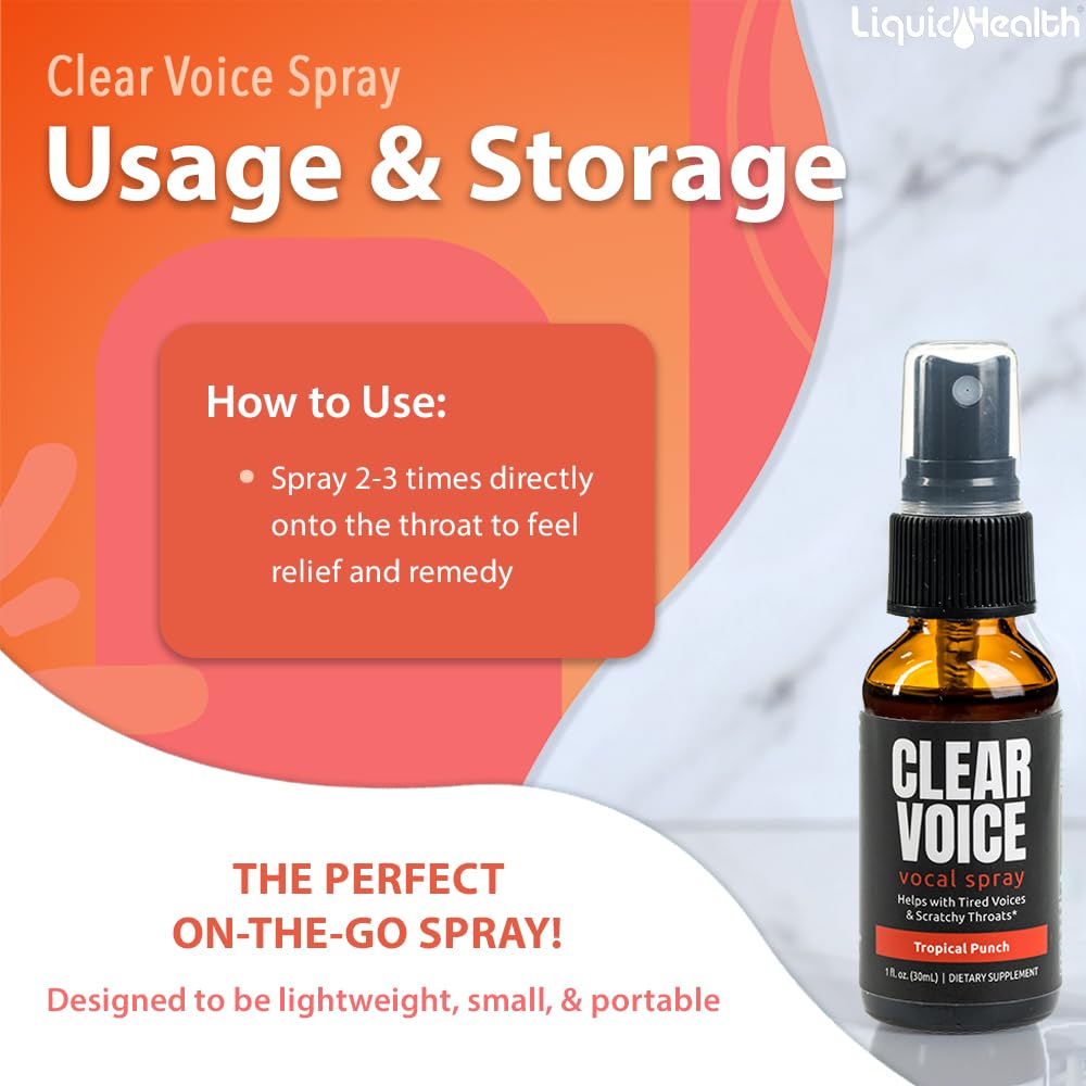 LiquidHealth Clear Voice Tropical Punch label close-up highlighting ingredients.