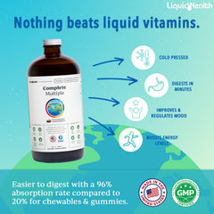 LIQUIDHEALTH Complete Multivitamin bottle pour illustrating quick absorption