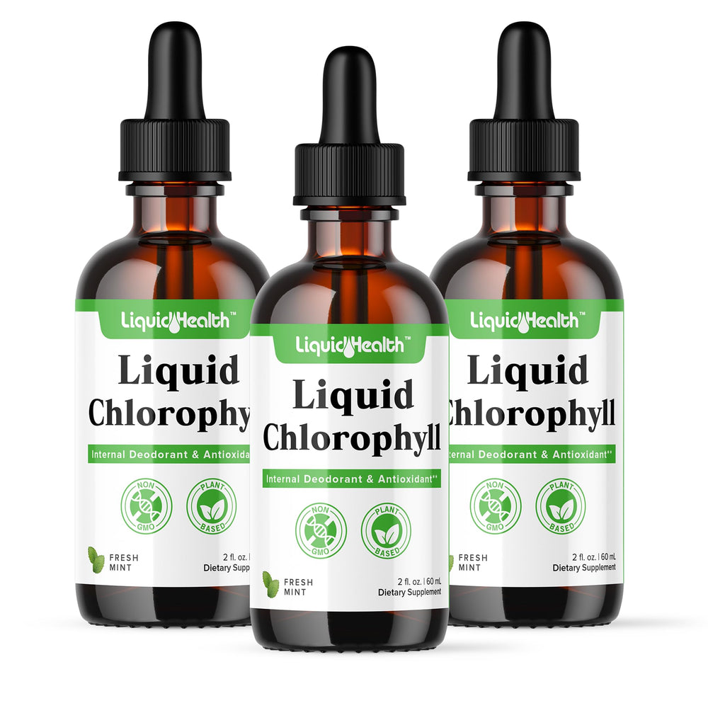 LIQUIDHEALTH Liquid Chlorophyll Drops bottle showcases detox and deodorizing benefits.