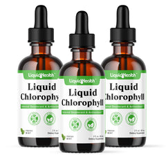 LIQUIDHEALTH Liquid Chlorophyll Drops bottle showcases detox and deodorizing benefits.