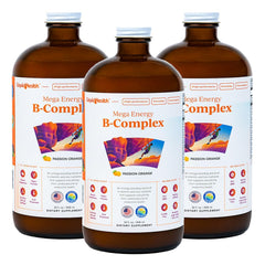 LIQUIDHEALTH Mega Energy bottle label highlights vegan, sugar-free formula for daily energy