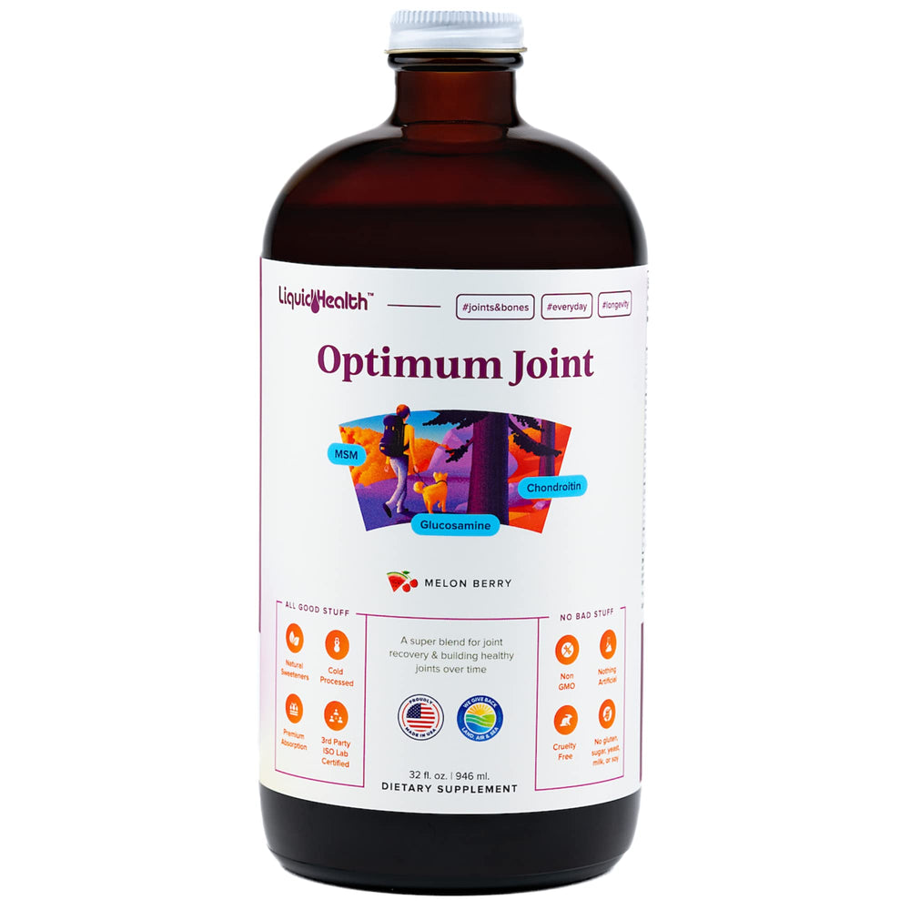 LIQUIDHEALTH Optimum Joint bottle pour showing easy daily dosing for joint comfort