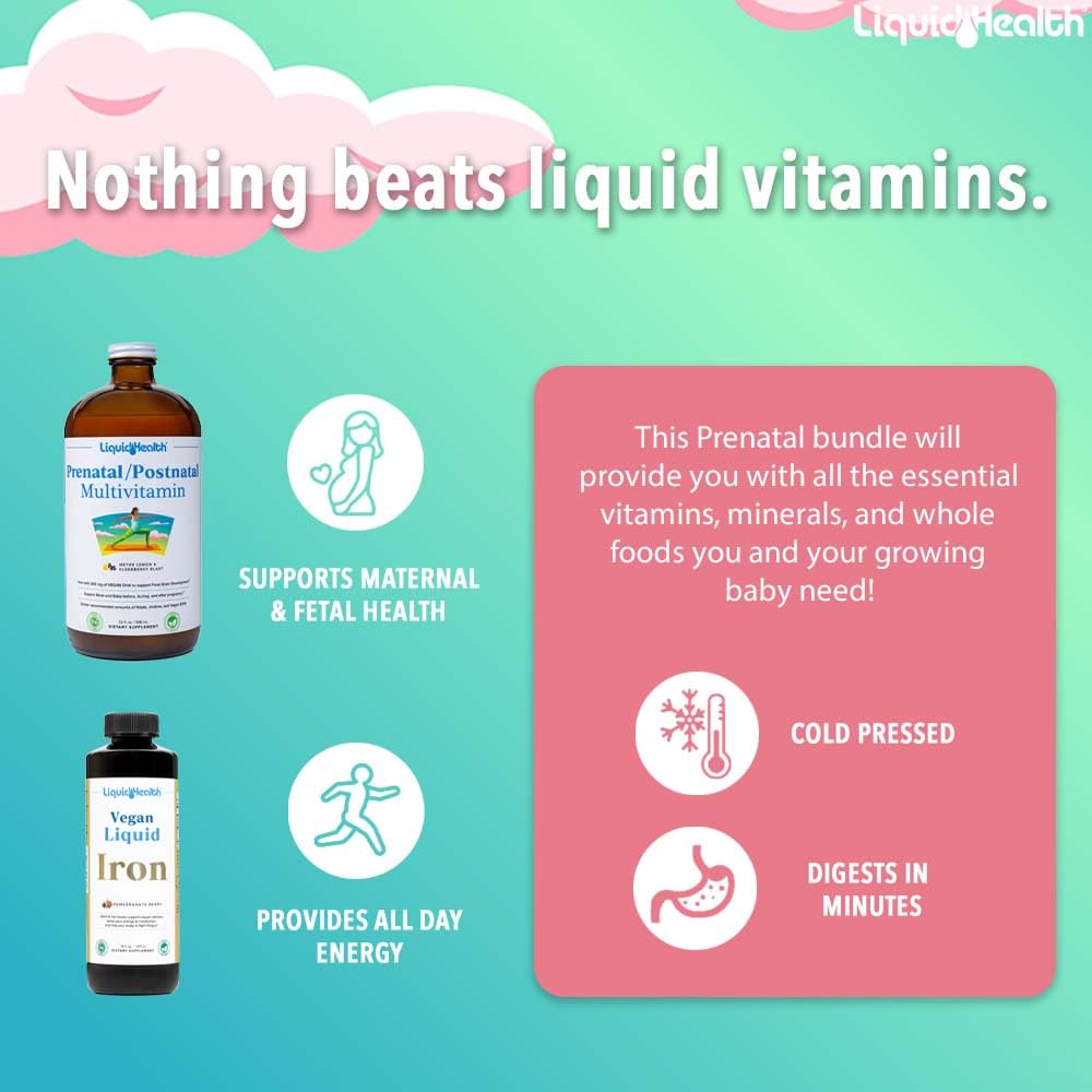 LIQUIDHEALTH Prenatal liquid multivitamin being poured into a glass for daily nourishment