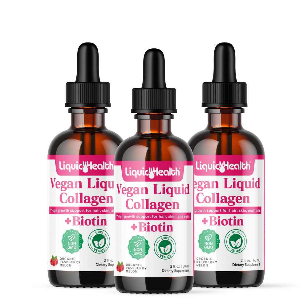 LIQUIDHEALTH vegan collagen drops bottle highlights plant-based formula for hair and skin support
