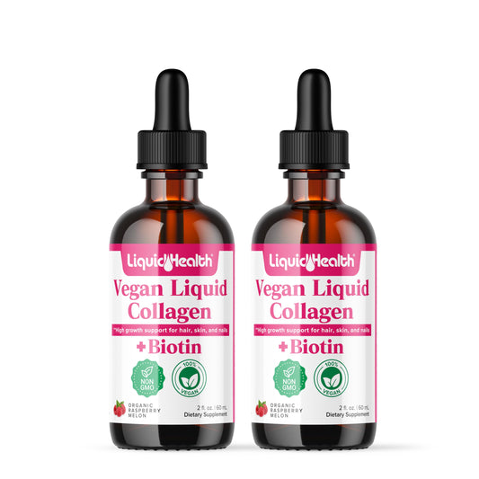LIQUIDHEALTH vegan collagen bottle promotes hair and skin health