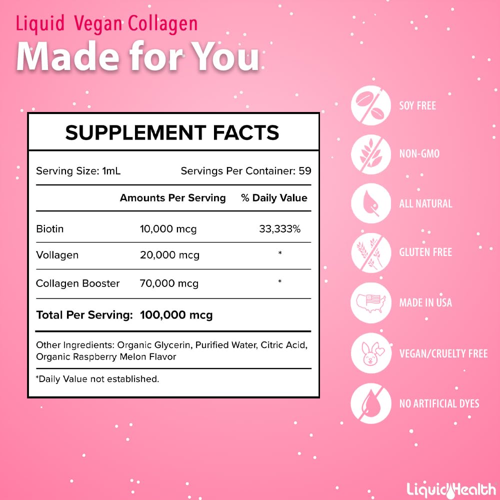 LIQUIDHEALTH collagen drops suggesting benefits for skin, hair, and nails