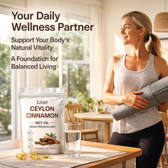 LIRAE Ceylon Cinnamon softgels closeup shows smooth texture for gentle daily use.